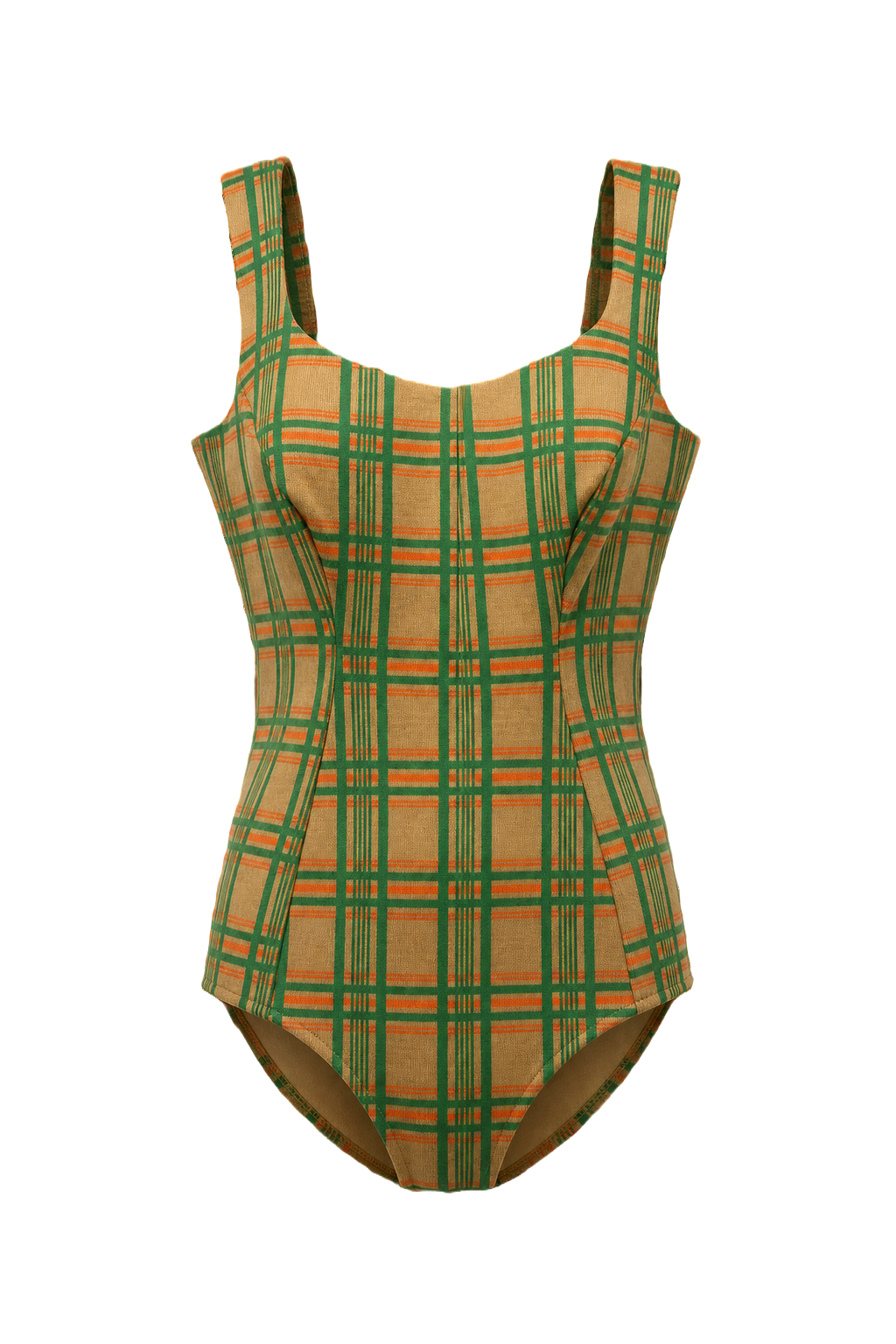 1970s Green Plaid Smooth Swimsuit - Front View