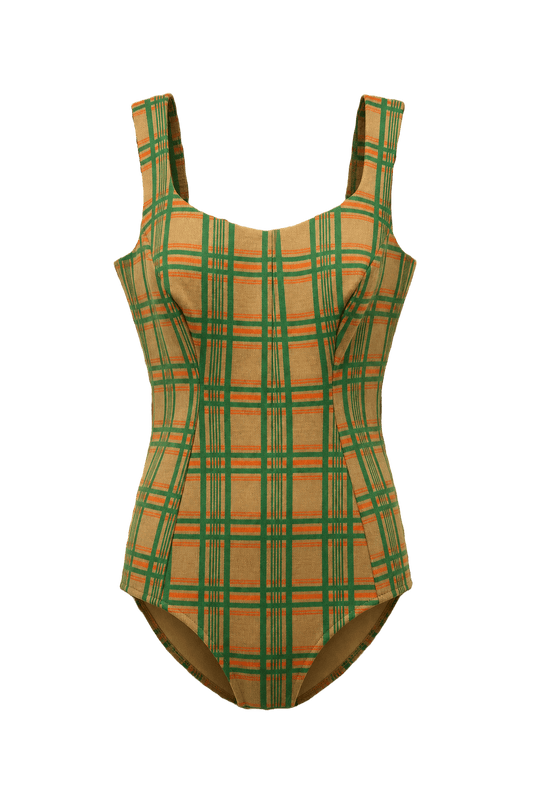 1970s Green Plaid Smooth Swimsuit - Front View