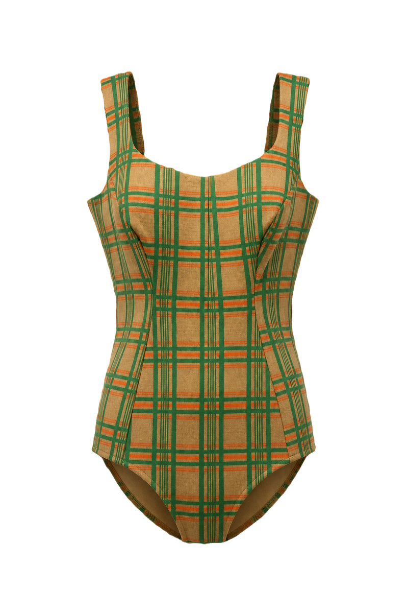 1970s Green Plaid Smooth Swimsuit - Front View