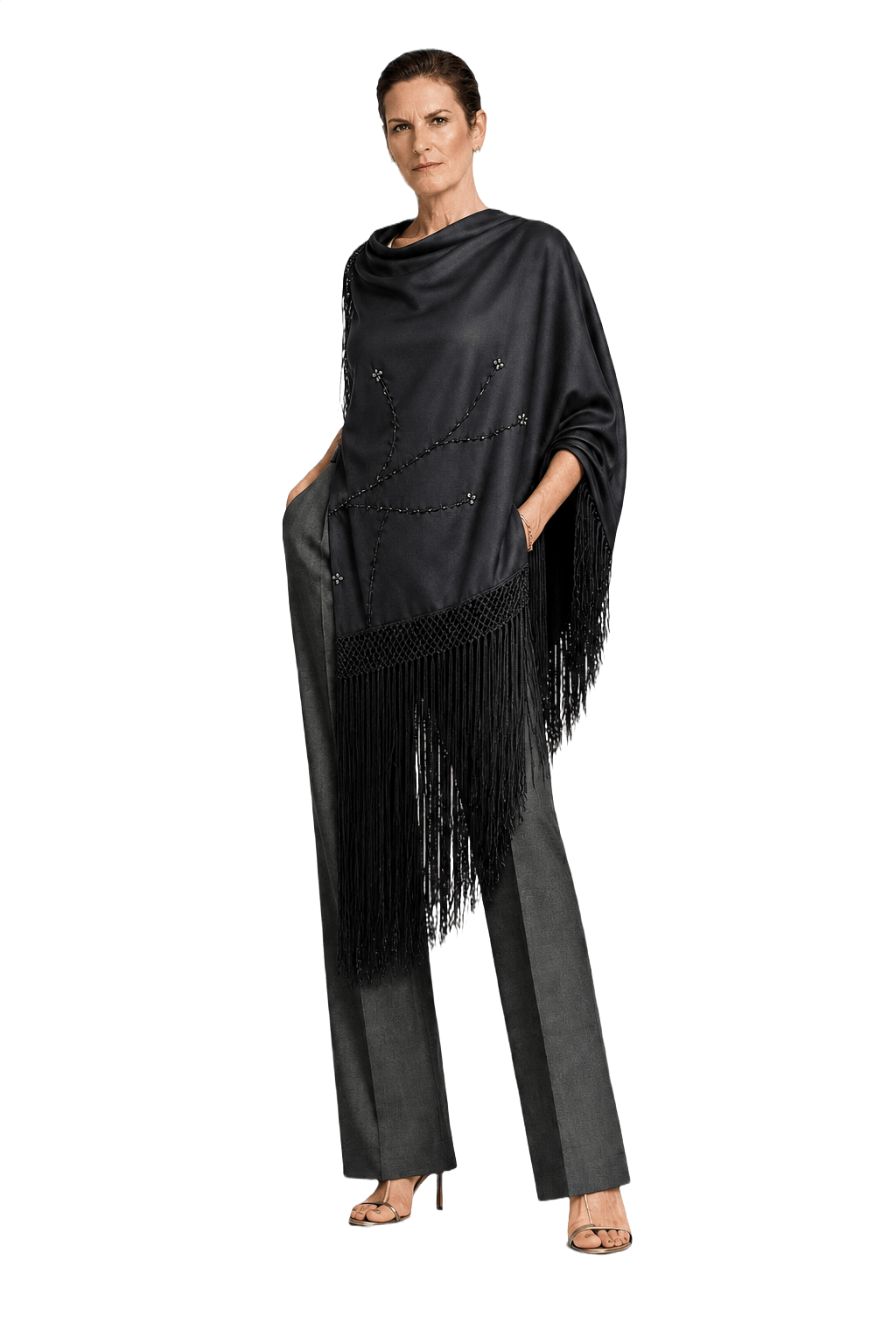 1990s Black Polyester Shawl - Model