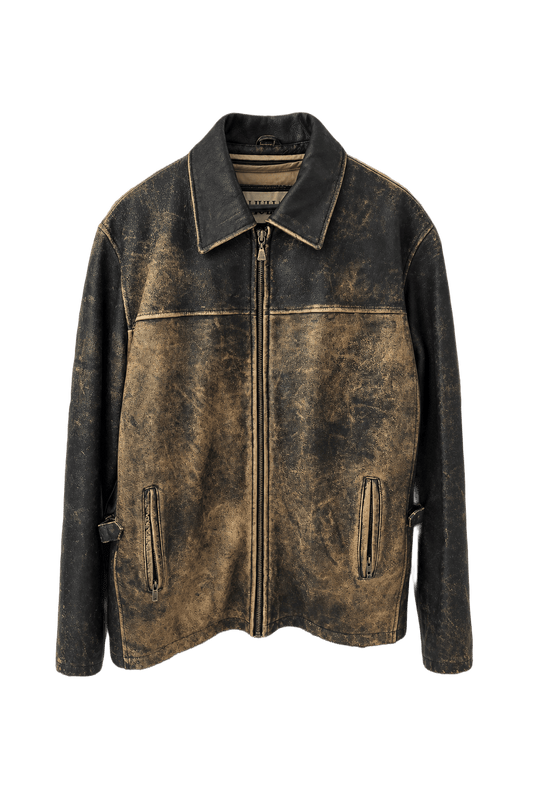 1990s Distressed Black Leather Jacket - Front View