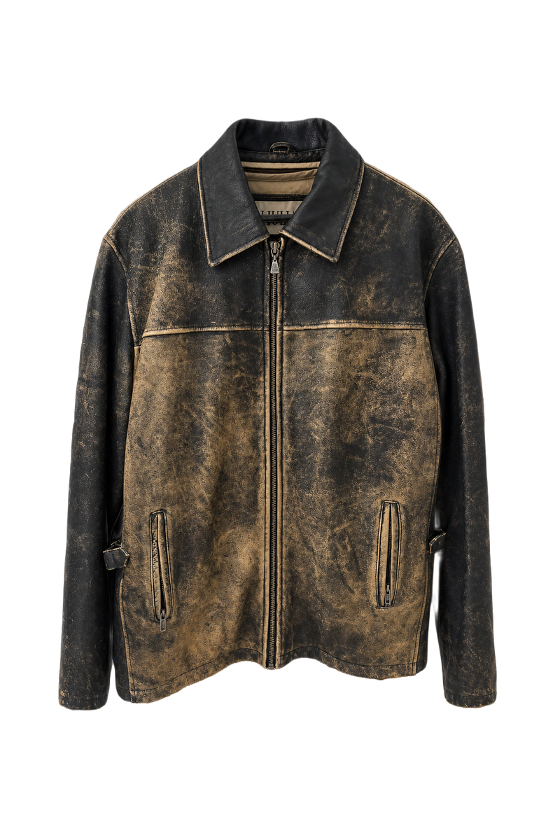 1990s Distressed Black Leather Jacket - Front View