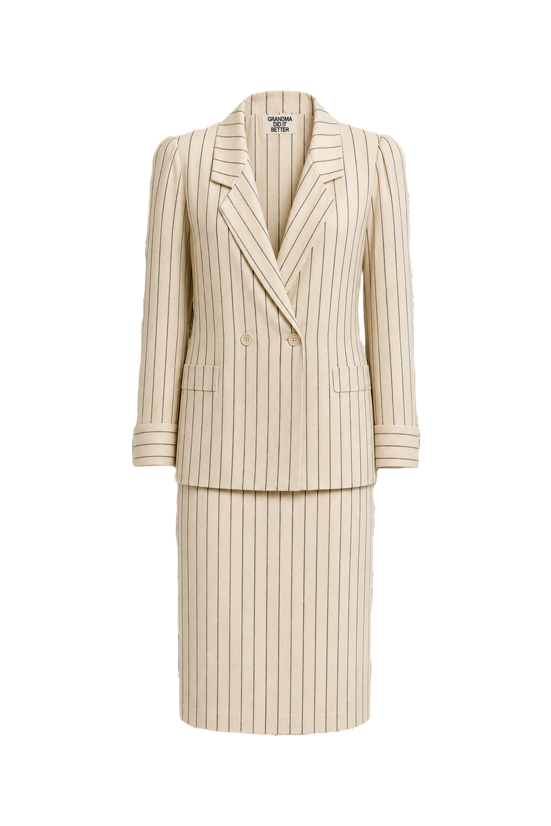1990s Cream Striped Cotton Blend 2-Piece Skirt Suit - Front View