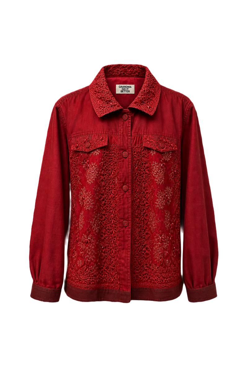 1980s Deep Red Cotton Blend Jacket - Front View