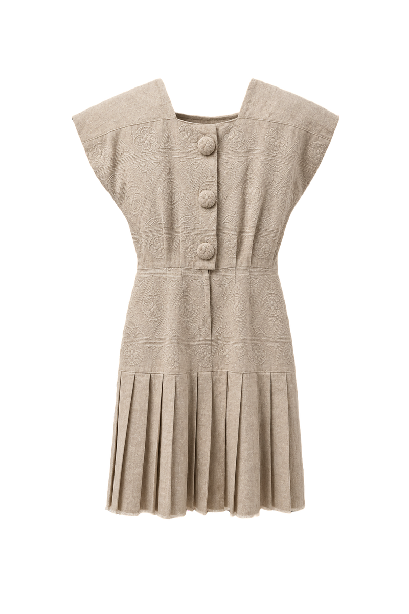 1970s Cream Linen Dress - Front View