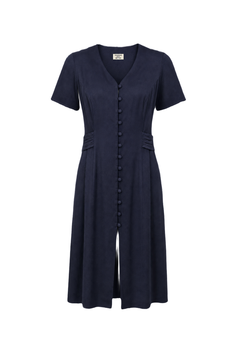 1980s Navy Blue Polyester Blend Dress - Front View