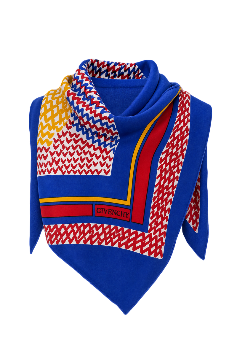 1980s Blue Silk Scarf - Front View