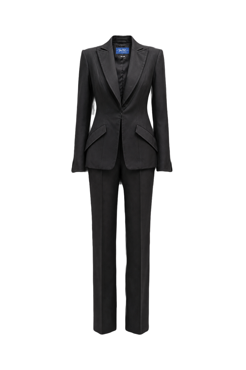 1990s Black Cotton Blend Blazer and Trousers Set - Front View