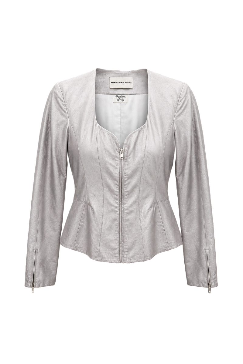 1980s Light Silver Silk Blend Jacket - Front View