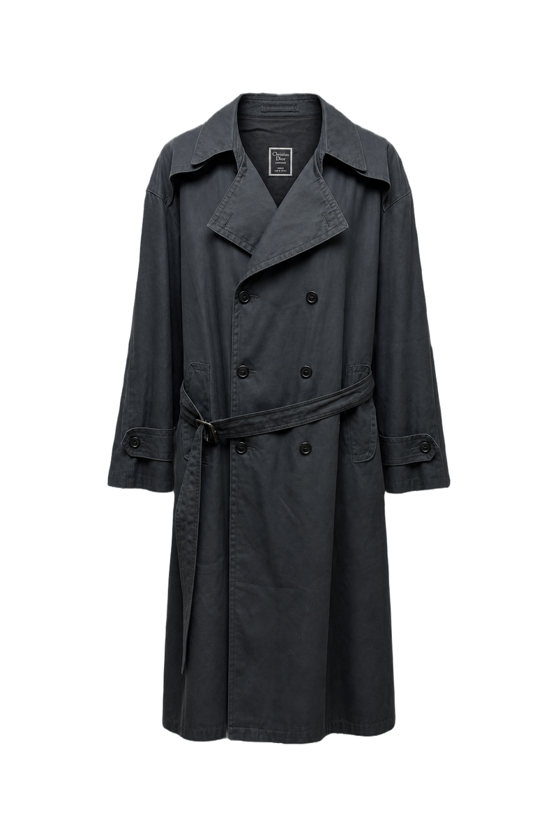 1980s Black Wool Blend Trench Coat - Front View