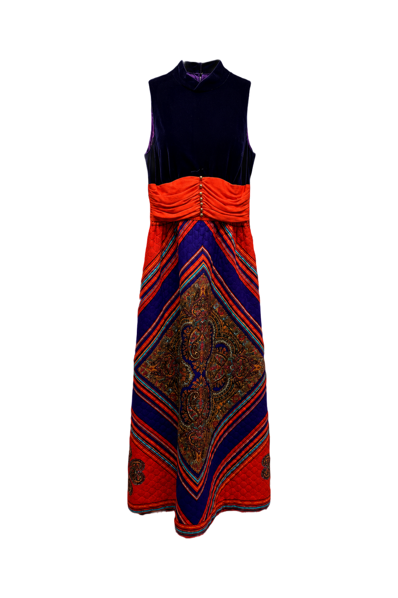 1970s Red Velvet Maxi Dress - Front View
