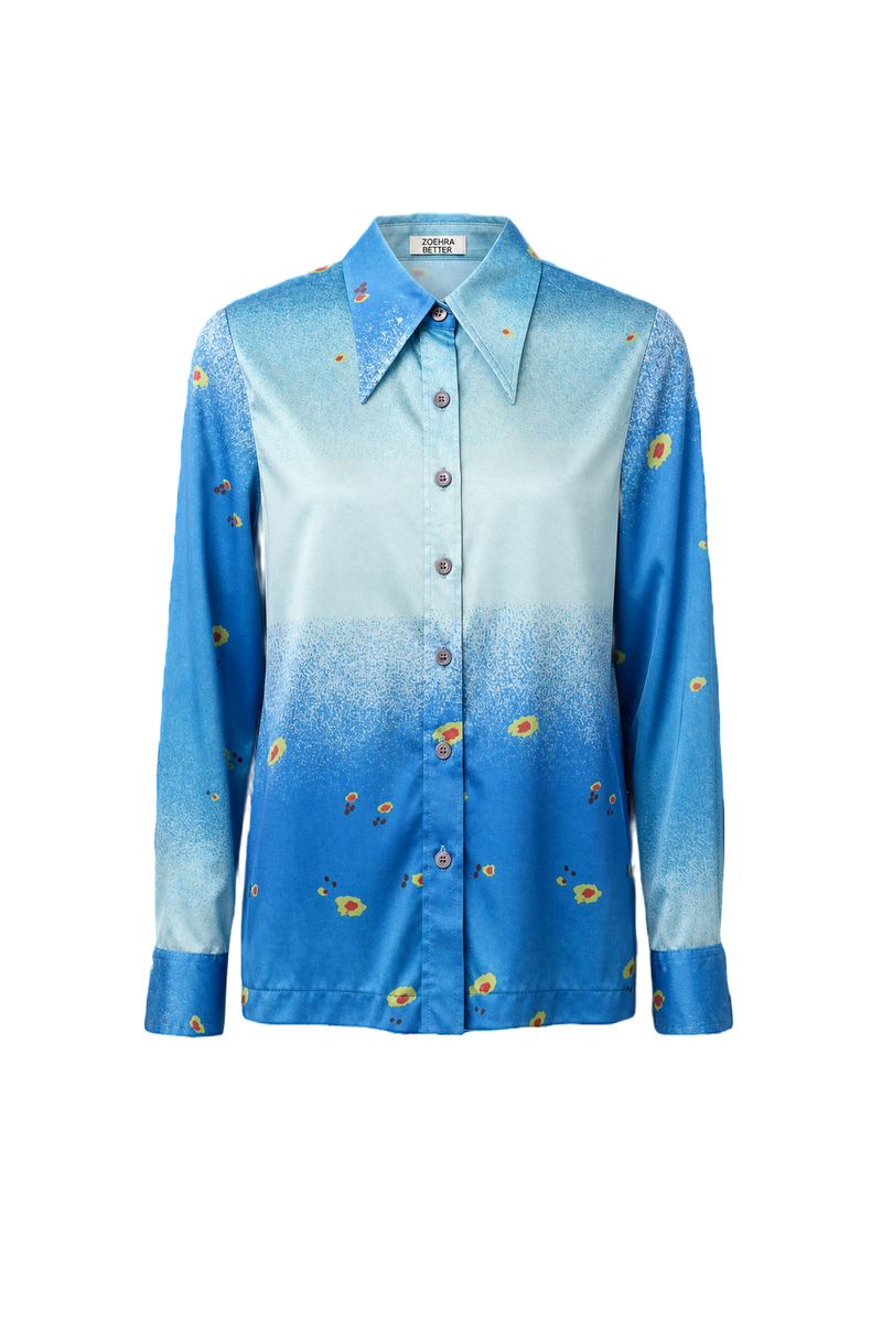 1970s Blue Polyester Shirt - Front View