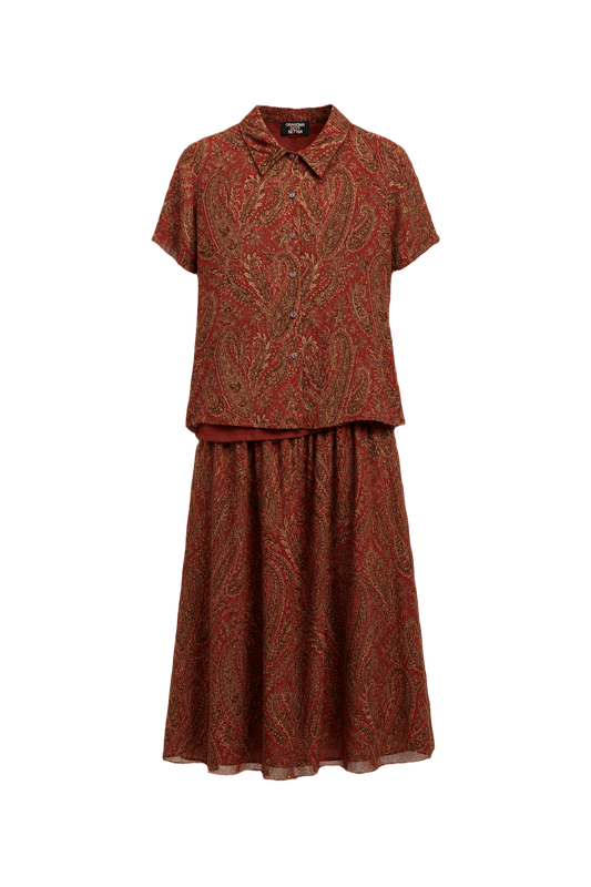 1990s Red Cotton Blend Blouse + Skirt - Front View