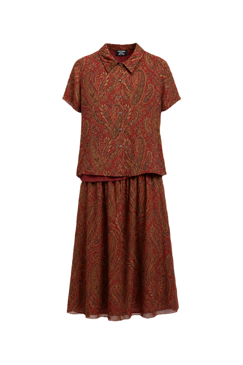 1990s Red Cotton Blend Blouse + Skirt - Front View