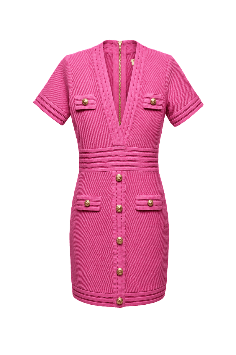 1980s Pink Textured Cotton Blend Mini Dress - Front View