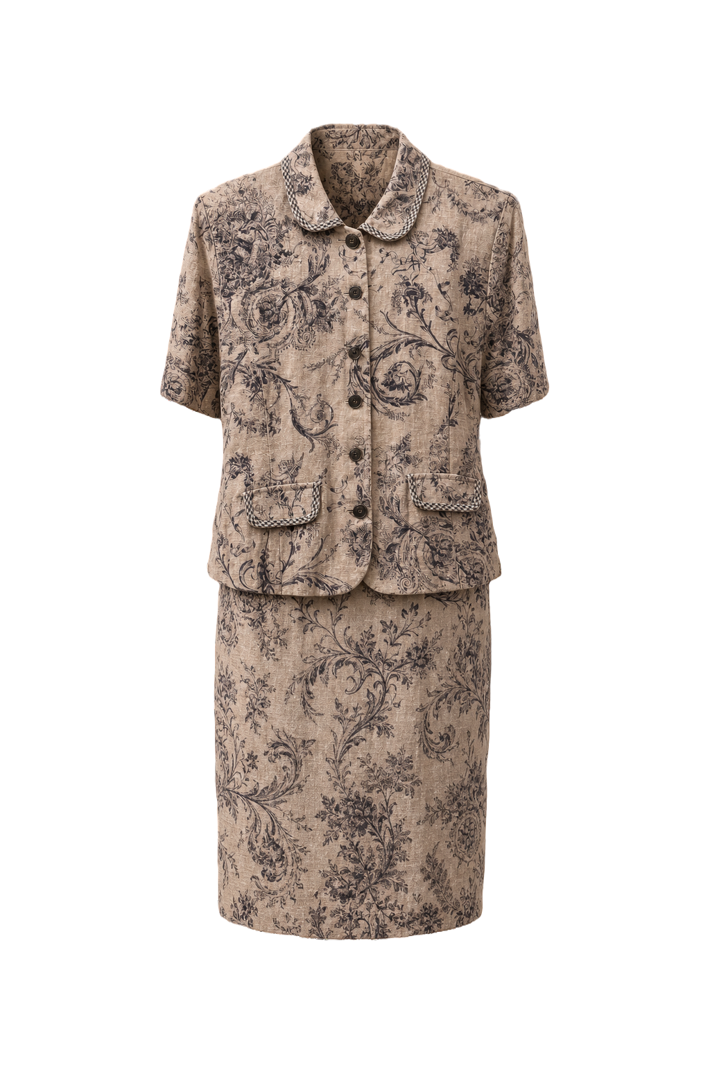 1980s Beige and Purple Linen Blend Blazer and Skirt Set - Front View