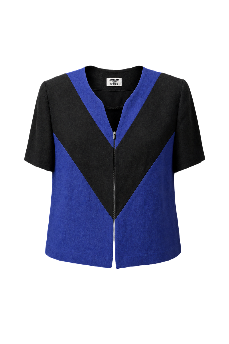 1980s Black Blue Unknown Blouse - Front View