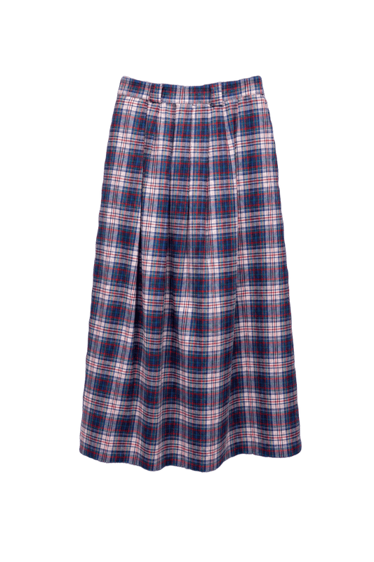 1990s Blue Cotton Plaid Skirt - Front View