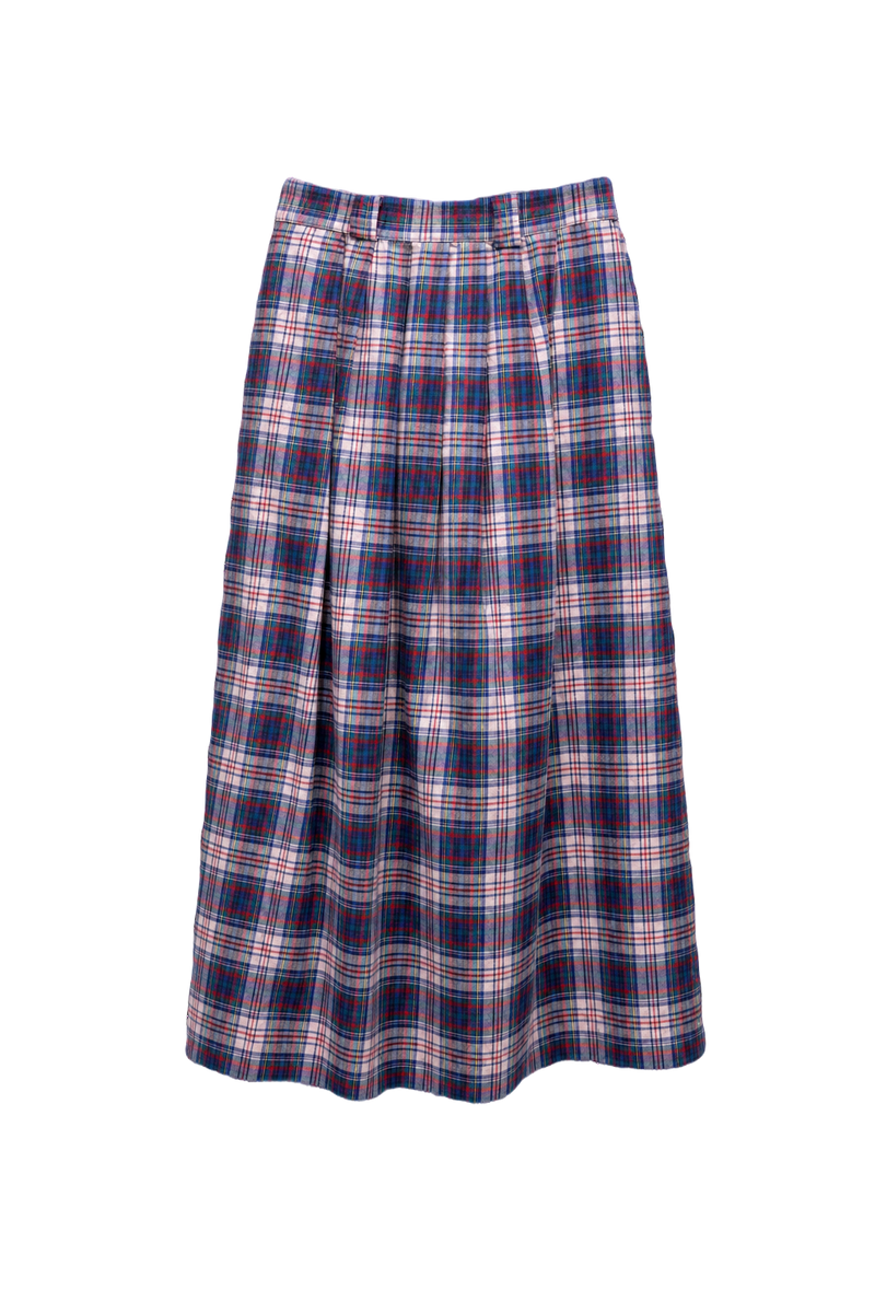 1990s Blue Cotton Plaid Skirt - Front View