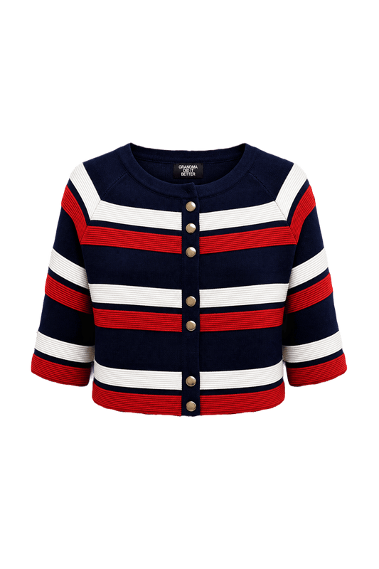 1970s Navy Blue Cotton Blend Cardigan - Front View
