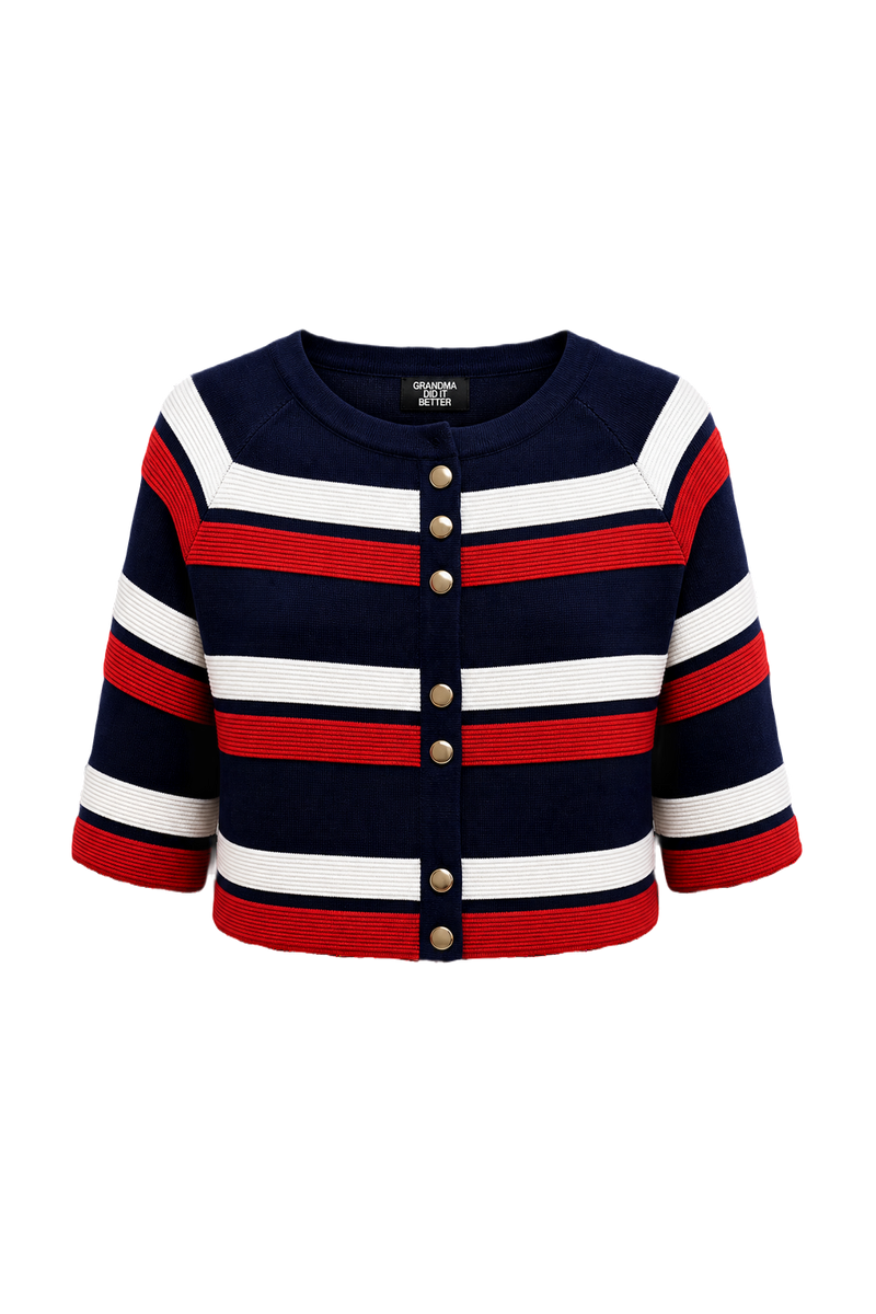 1970s Navy Blue Cotton Blend Cardigan - Front View