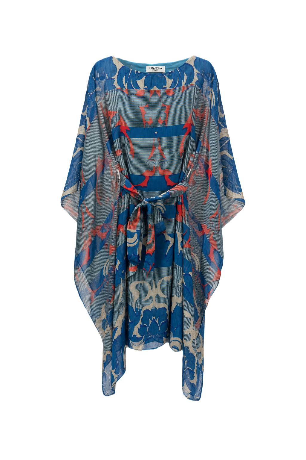 1970s Blue Sheer Polyester Dress - Front View