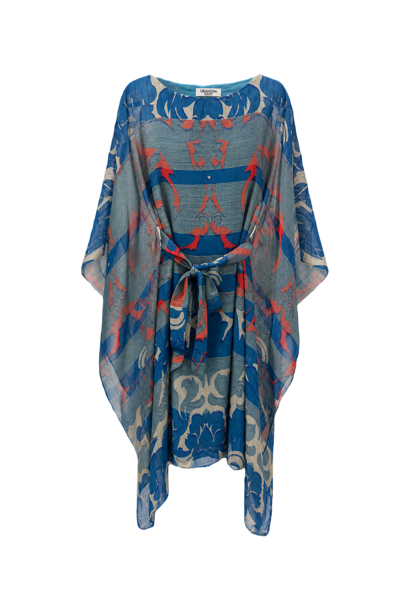 1970s Blue Sheer Polyester Dress - Front View