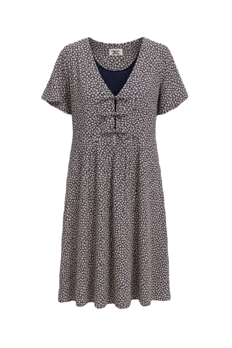 1970s Navy Blue Cotton Blend Dress - Front View