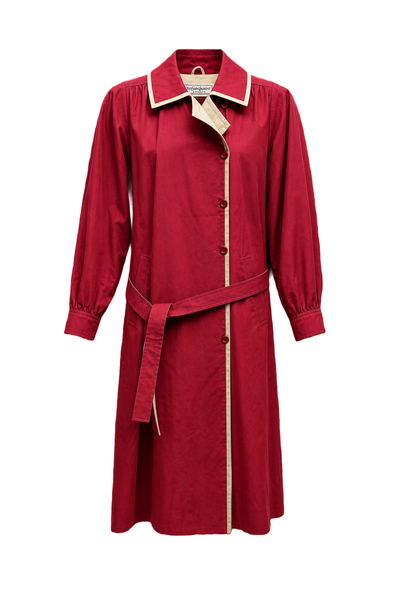 1970s Red Cotton Blend Trench Coat - Front View