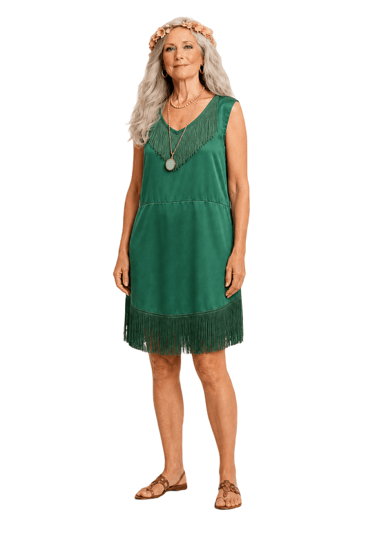 1970s Emerald Green Satin Blend Dress - Model