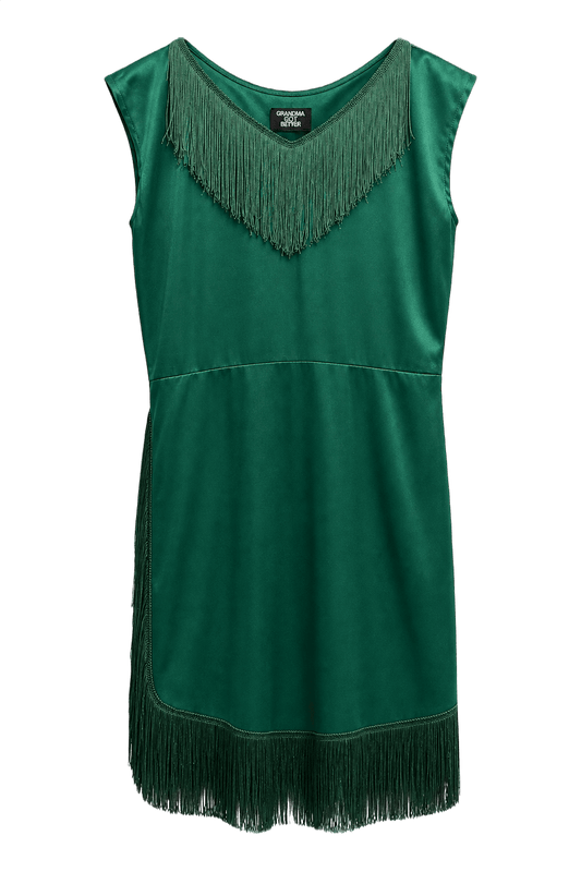 1970s Emerald Green Satin Blend Dress - Front View