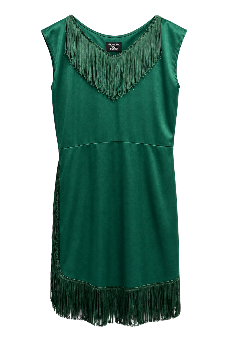 1970s Emerald Green Satin Blend Dress - Front View
