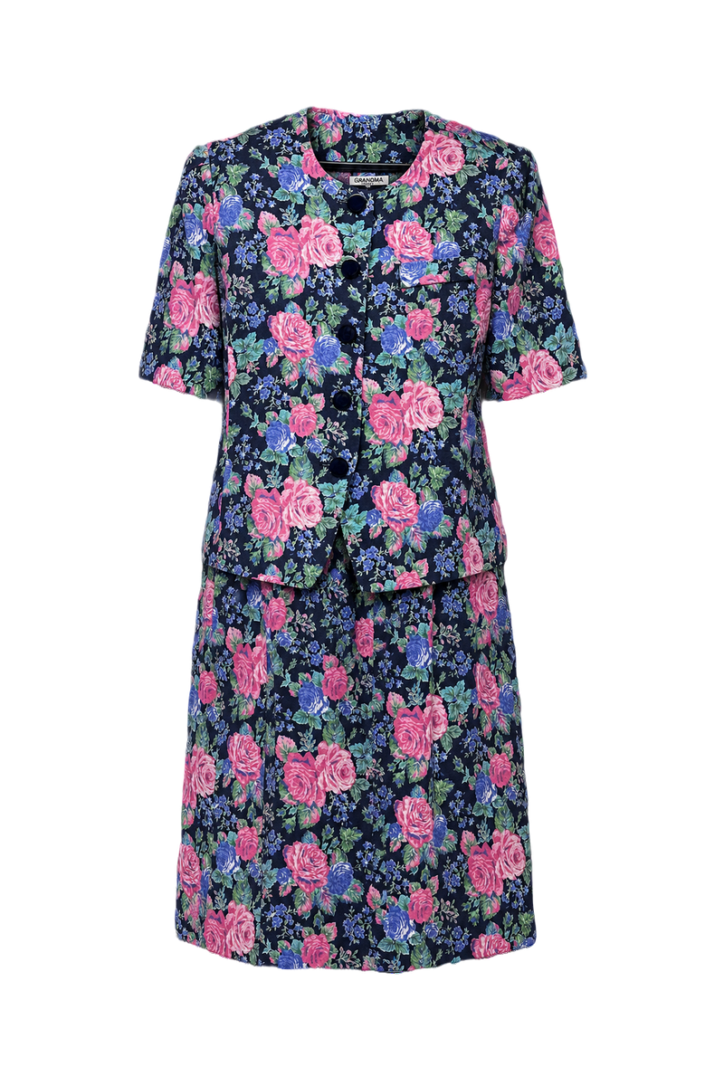 1980s Navy Blue Synthetic Blend Jacket and Skirt Set - Front View