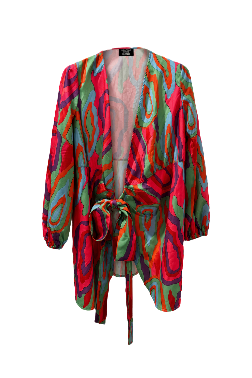 1980s Multicolor Synthetic Blend Wrap Top - Front View