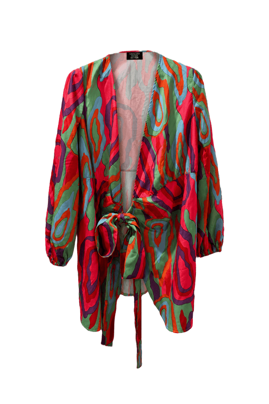 1980s Multicolor Synthetic Blend Wrap Top - Front View