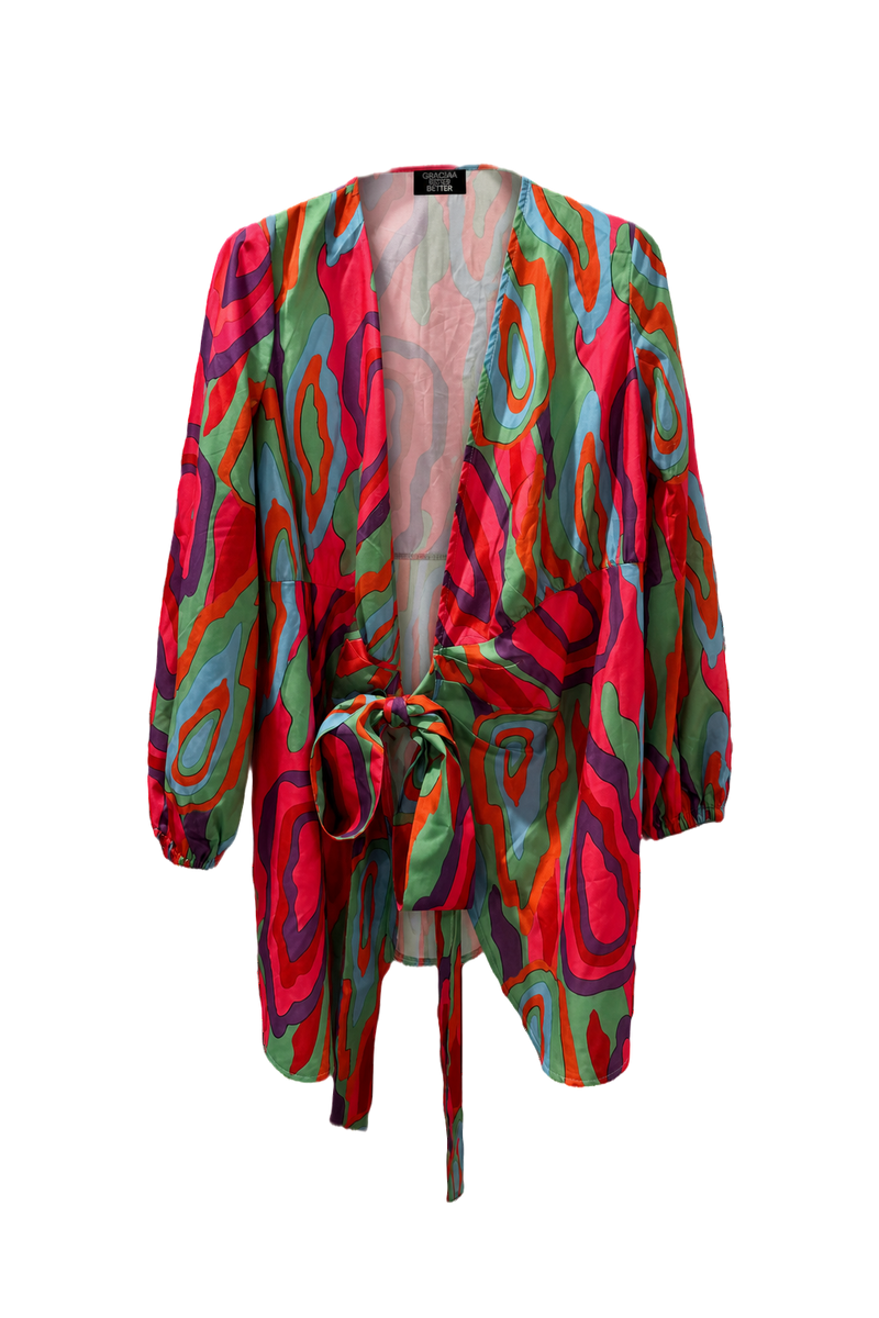 1980s Multicolor Synthetic Blend Wrap Top - Front View
