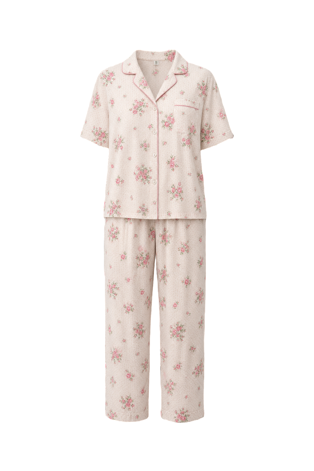 1970s Cream with Pink Floral Cotton Blend Pajama Set - Front View