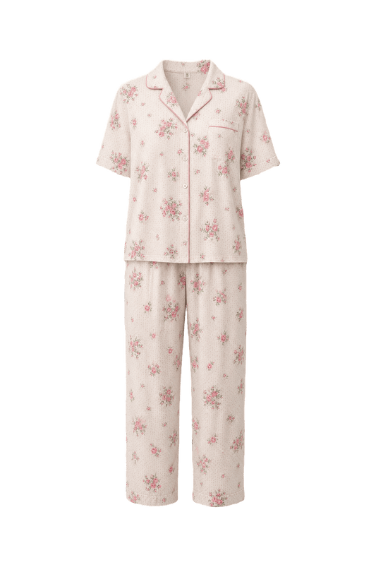 1970s Cream with Pink Floral Cotton Blend Pajama Set - Front View