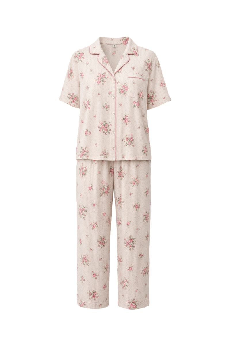 1970s Cream with Pink Floral Cotton Blend Pajama Set - Front View