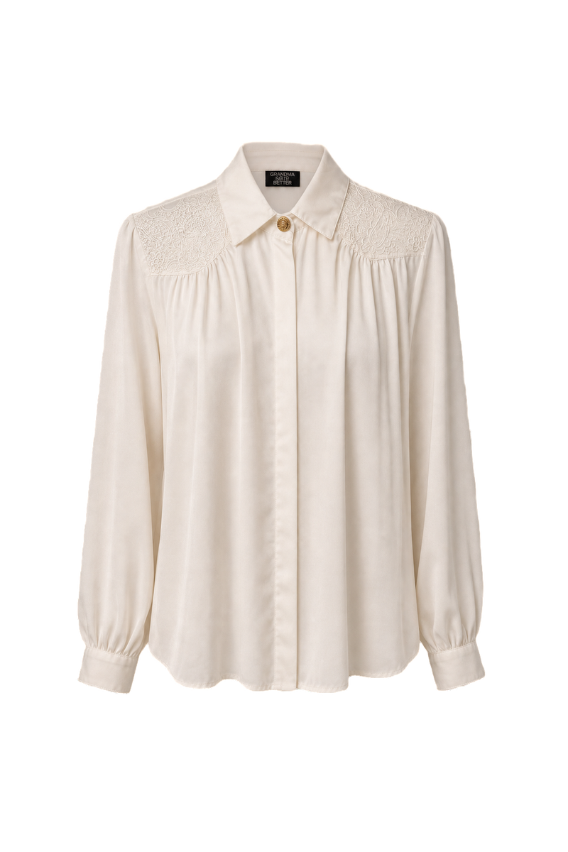 1980s Cream White Polyester Blouse - Front View