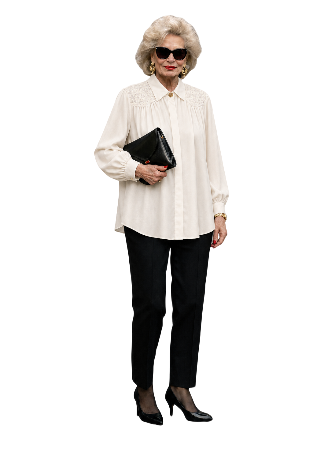 1980s Cream White Polyester Blouse - Model
