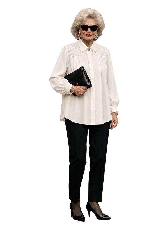 1980s Cream White Polyester Blouse - Model