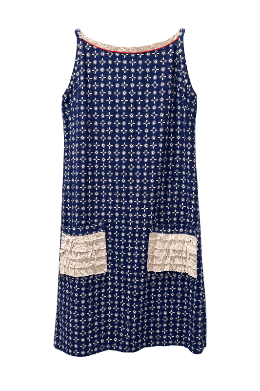 1960s Navy Blue Cotton Shift Dress - Front View