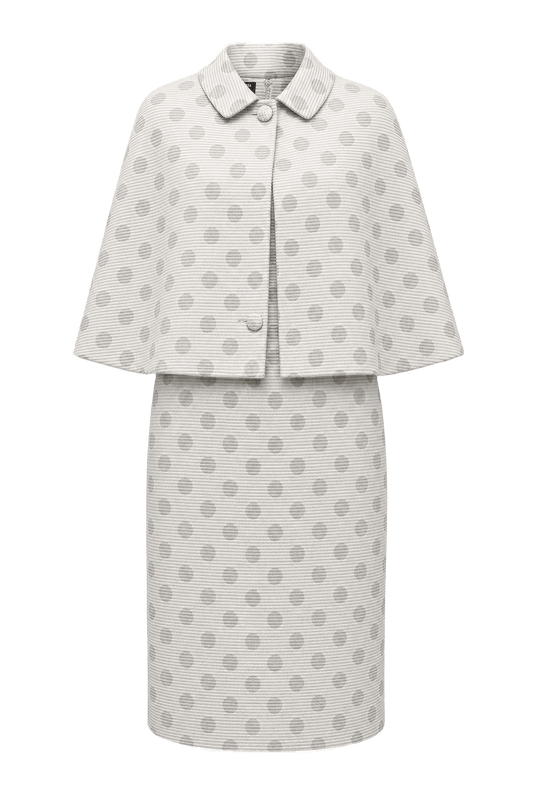 1960s Cream Polka Dot Ribbed Dress and Cape Set - Front View