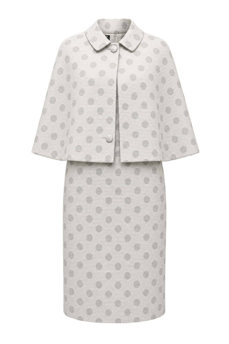 1960s Cream Polka Dot Ribbed Dress and Cape Set - Front View