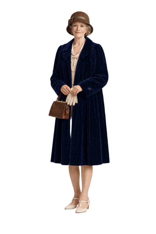 1930s Deep Blue Velvet Coat - Model