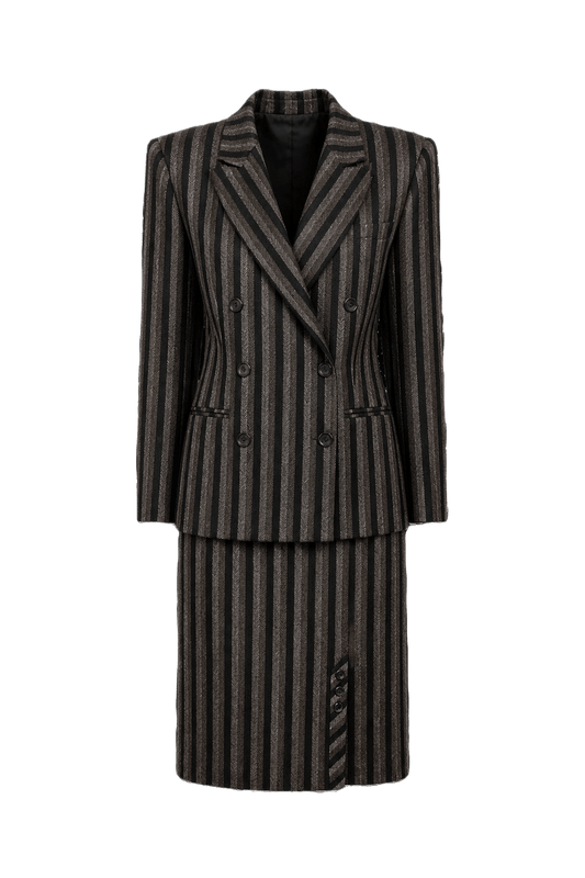 1970s Brown and Black Wool Jacket and Skirt Set - Front View