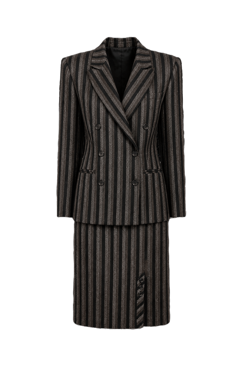 1970s Brown and Black Wool Jacket and Skirt Set - Front View