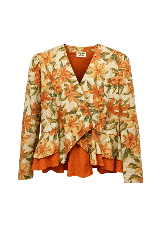 1980s Cream Floral Print Blouse - Front View