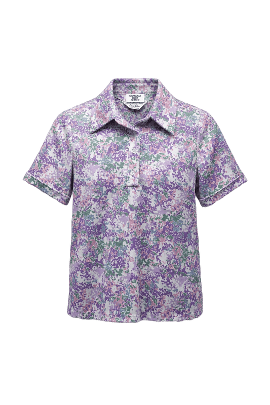 1970s Purple Floral Cotton Blend Blouse - Front View